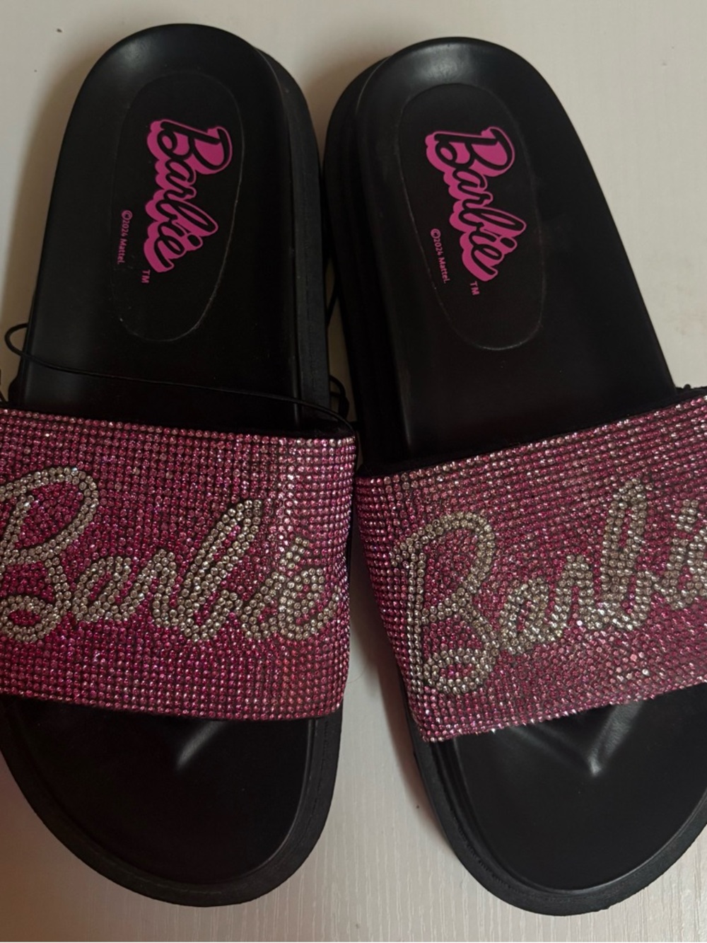 NWT Barbie Pink Rhinestone Logo Slide Sandals size 7.5